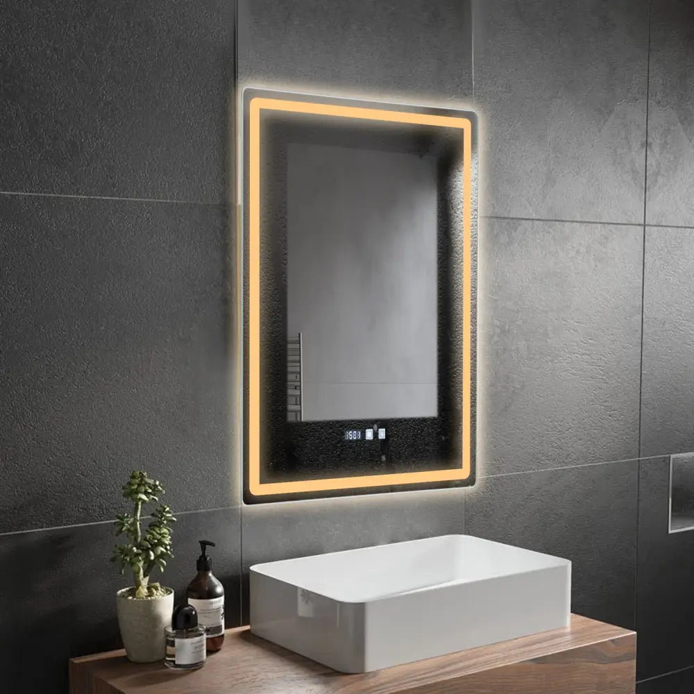 Rectangular decorbites™ led bathroom mirror with sleek black frame, warm edge lighting, adjustable brightness, anti-fog, and time display