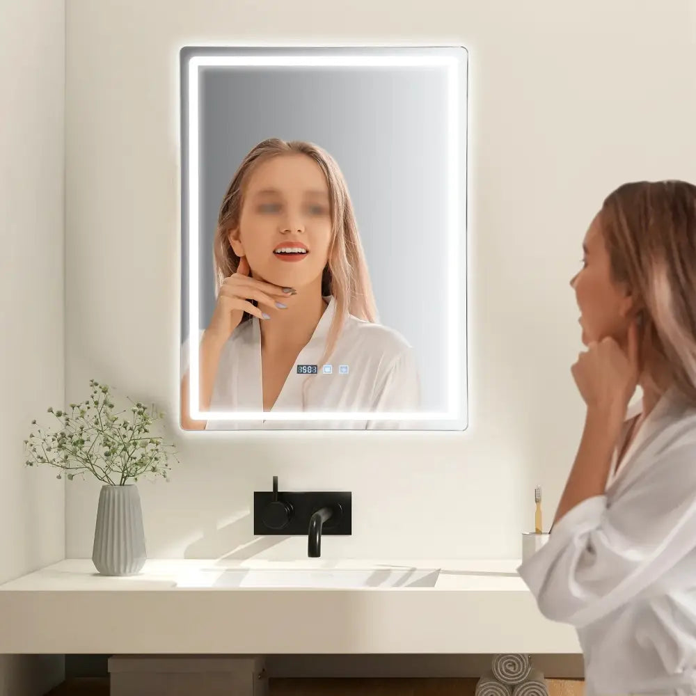 Decorbites™ led bathroom mirror with adjustable brightness, anti-fog feature, sleek white frame, and digital time display