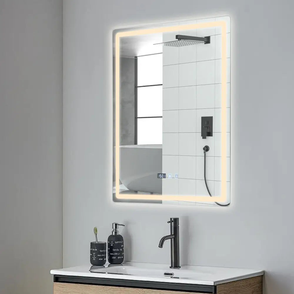 Rectangular decorbites™ led bathroom mirror with illuminated frame, adjustable brightness, anti-fog, and digital time display