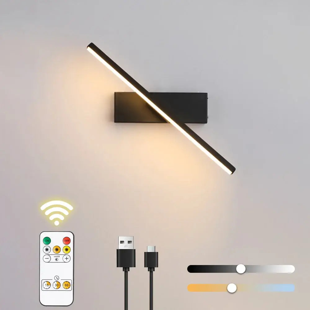 DecorBites™ led black rechargeable wall sconce with usb type-c charging cables and remote control light source