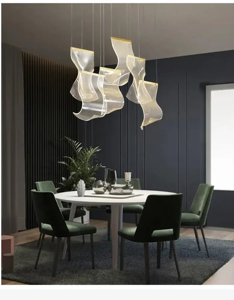 DecorBites™ LED ceiling chandelier with translucent flowing glass shades and gold accents for modern living room