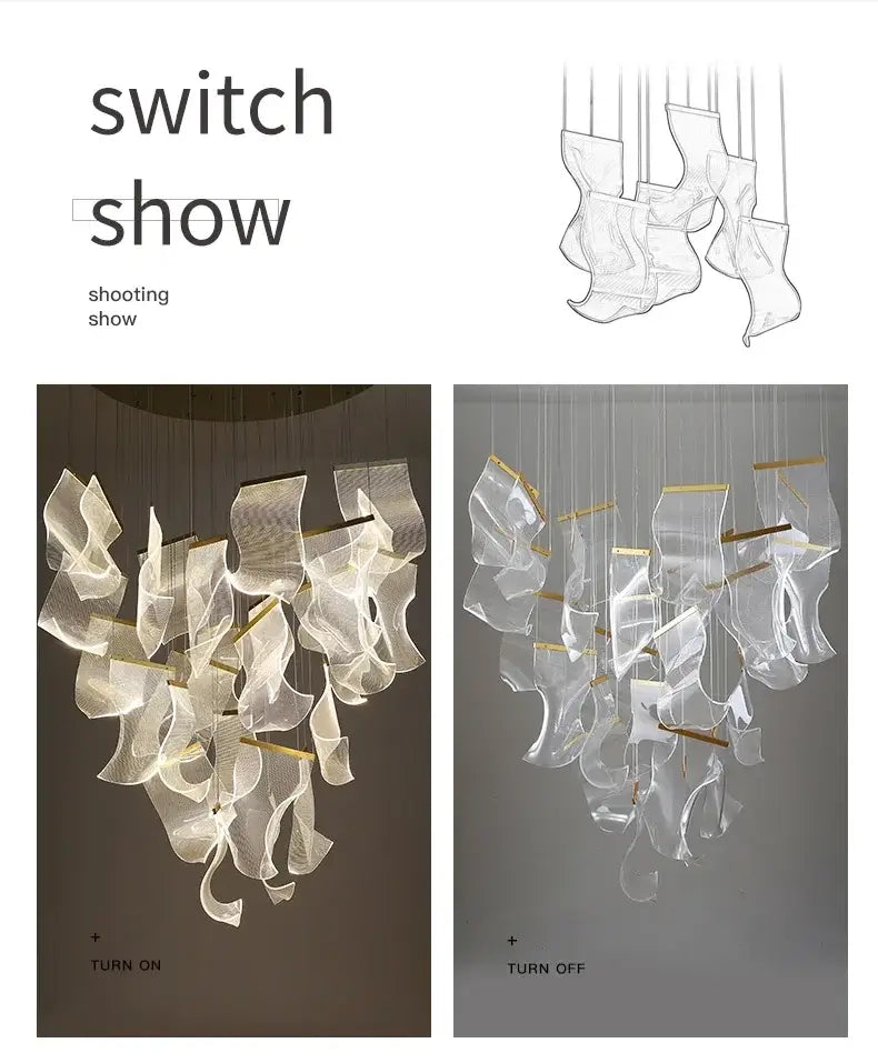Modern translucent acrylic led ceiling chandelier with gold-toned accents and flowing sculptural forms for living room