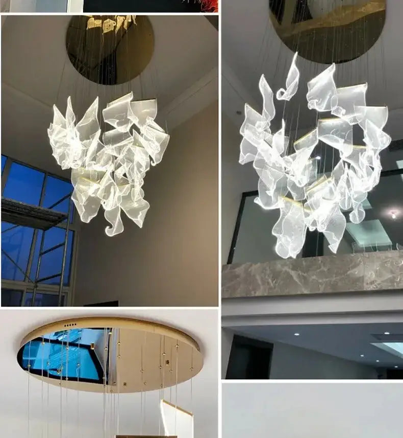 Decorbites™ led ceiling chandelier with translucent white petal-like glass pieces and gold-toned fixture for living room
