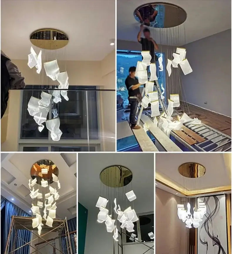 DecorBites™ modern white paper-like led ceiling chandelier with circular gold-toned mount for living room use