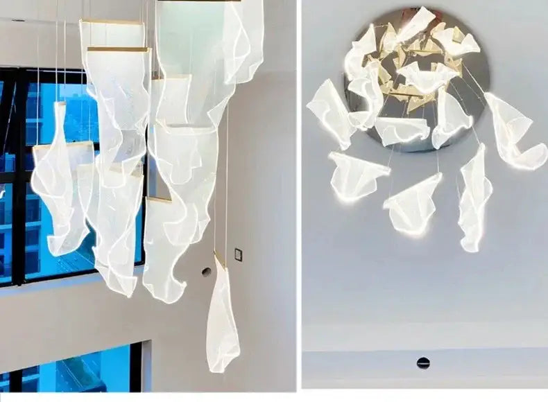 Modern white translucent fabric led ceiling chandelier with sculptural flowing design for living room by decorbites