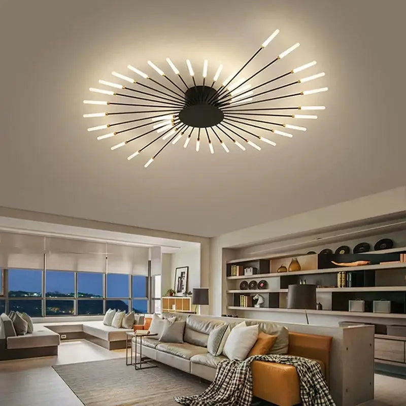 Decorbites™ led ceiling chandelier light nordic design with black starburst frame and glowing white led rods
