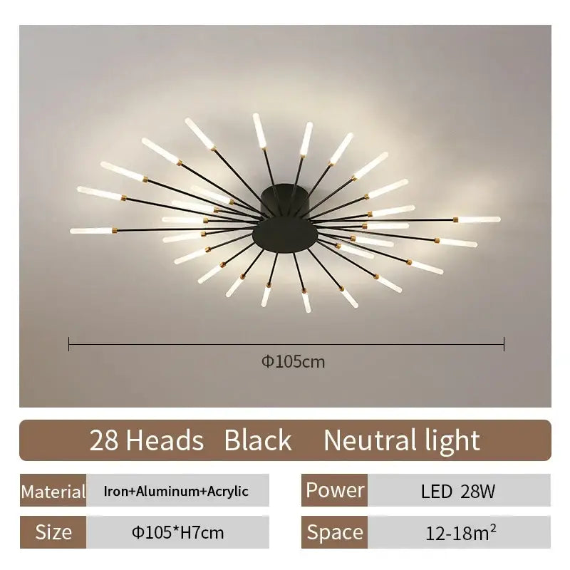Decorbites™ led ceiling chandelier light in black with 28 slender arms and frosted acrylic led bulbs nordic design