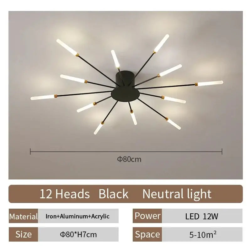 DecorBites™ black led ceiling chandelier light with 12 slender arms and frosted bulbs in nordic design