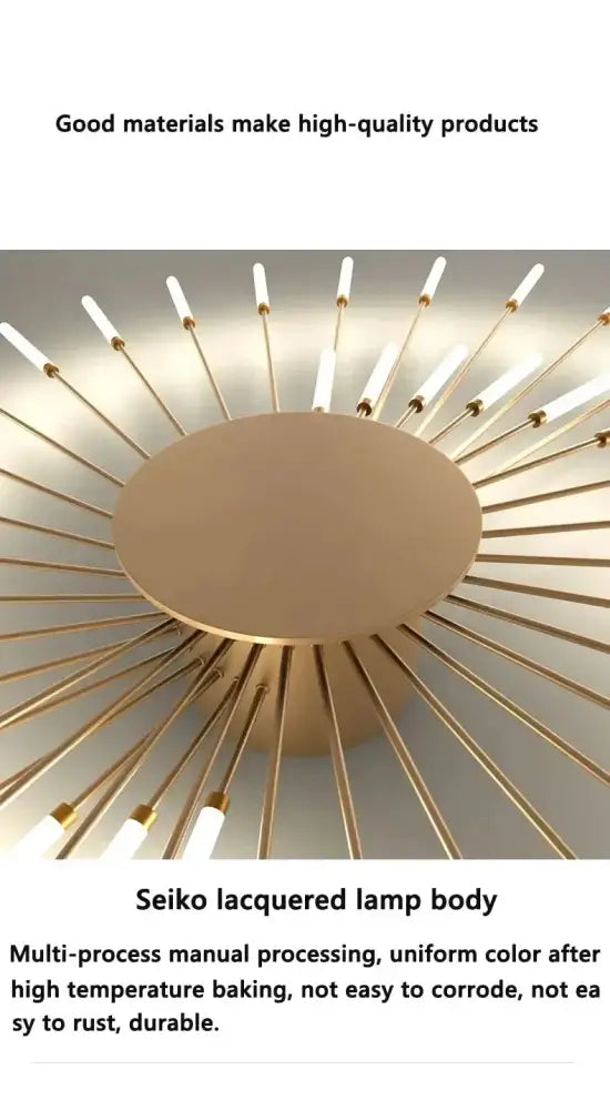 Gold-colored seiko lacquered led ceiling chandelier light with sunburst design and frosted glass shades by DecorBites™
