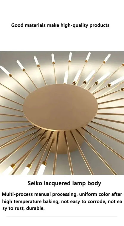 Gold-colored seiko lacquered led ceiling chandelier light with sunburst design and frosted glass shades by DecorBites™