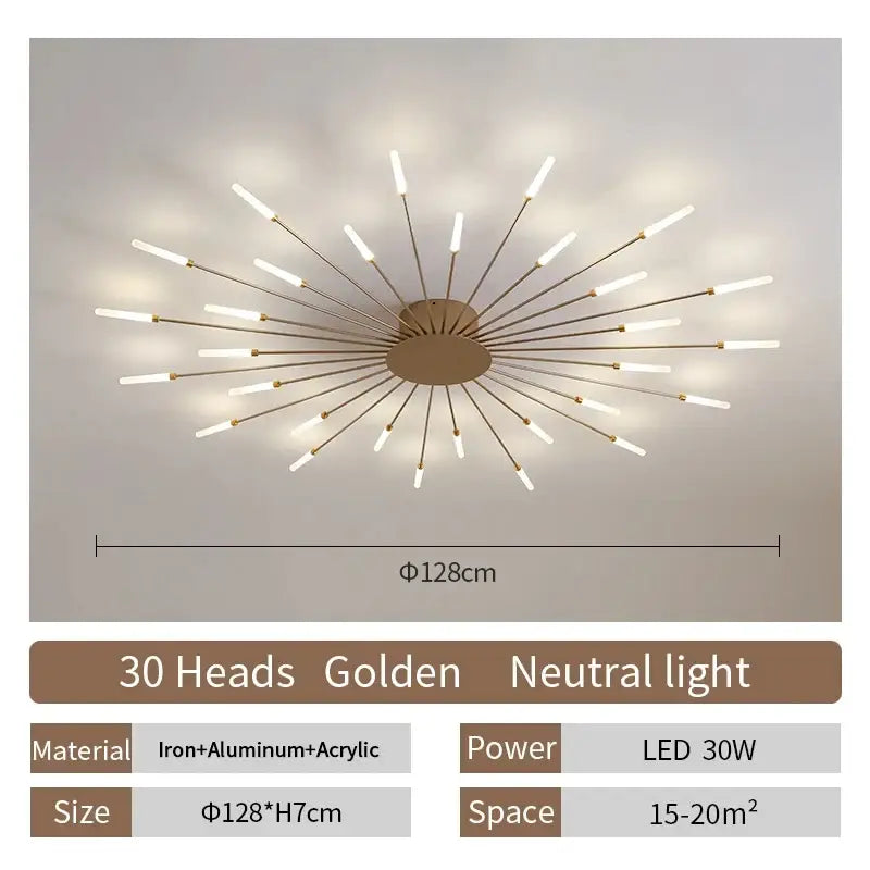 DecorBites™ golden starburst led ceiling chandelier light with 30 heads made of iron and aluminum nordic design