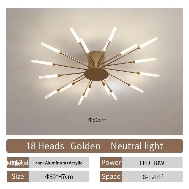 Decorbites™ led ceiling chandelier light with 18 gold radiating arms and central circular base in nordic design