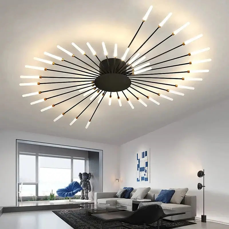 DecorBites™ led ceiling chandelier light with black and gold starburst design and glowing white led rods