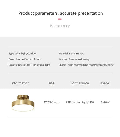 Decorbites™ bronze-finished circular led ceiling light with brass wire drawing construction for bedroom and living room