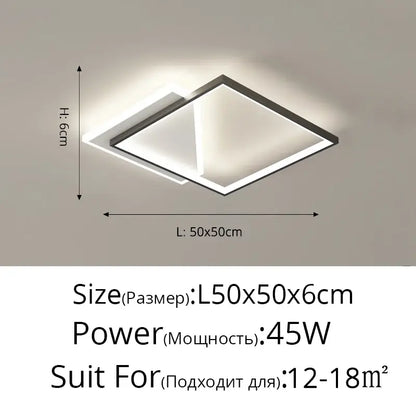 Modern minimalist decorbites led ceiling lights with sleek black frame and two overlapping square panels emitting soft white light