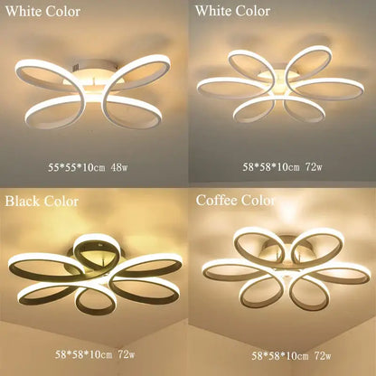 Modern DecorBites LED ceiling lights with five curved rings in white or black finish for living room or bedroom decor