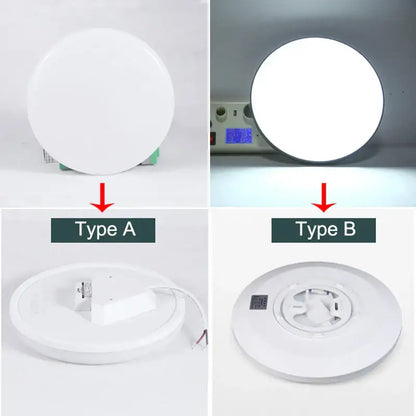 White circular DecorBites LED ceiling lights shown in two mounting and wiring configurations for modern spaces
