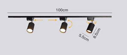 Black cylindrical decorbites led ceiling lights with adjustable heads mounted on 100cm rail for indoor use