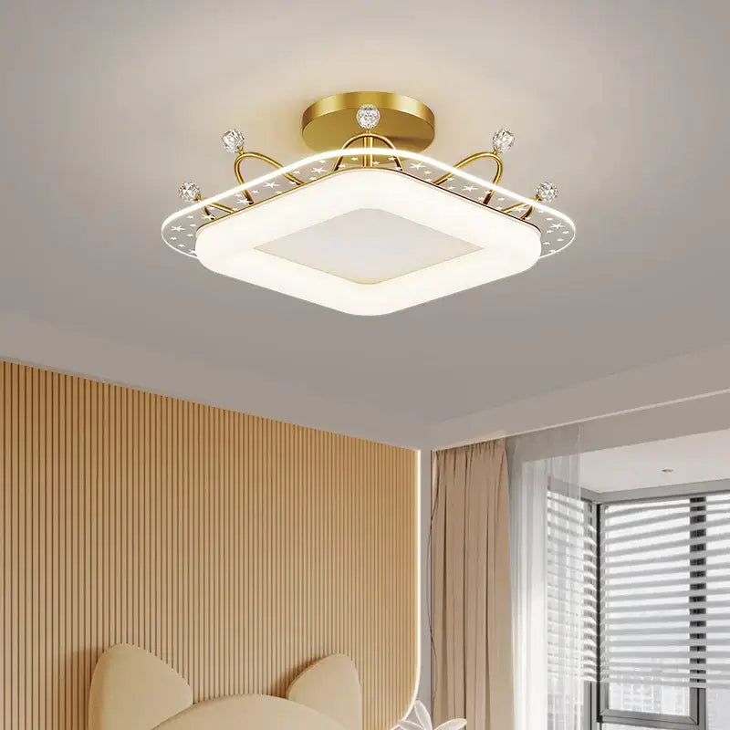 Gold-toned square decorbites led ceiling light with crystal accents for modern minimalist bedroom dining room lighting