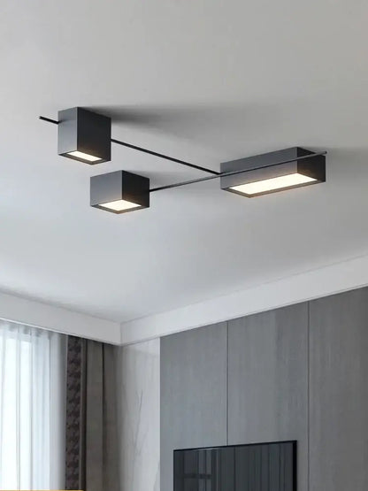 Modern black rectangular decorbites led ceiling lights with three illuminated cube-shaped bulbs for living rooms and bedrooms