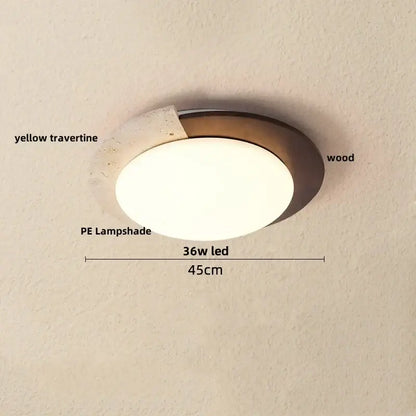 Decorbites led ceiling light with warm white pe lampshade, bronze wood ring, and yellow travertine stone accent