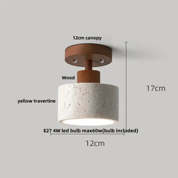 Modern style decorbites led ceiling light with warm wood canopy and textured yellow travertine shade for balcony decor