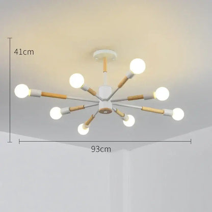 Modern chandelier decorbites led ceiling light with white hub, wooden and matte white arms, ideal for livingroom ceiling lights