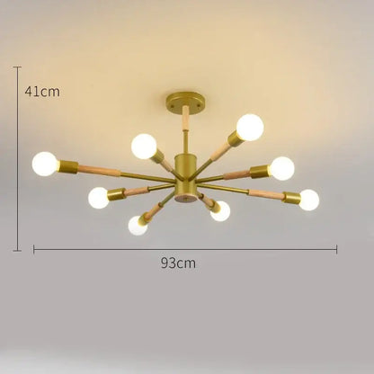 Gold-toned decorbites led ceiling lights with eight exposed bulbs and wooden lampshades for modern livingroom and bedroom