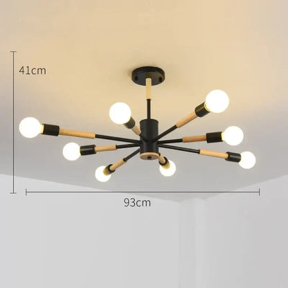 Modern black and wood-toned DecorBites LED ceiling lights with eight exposed bulbs for livingroom and bedroom lighting