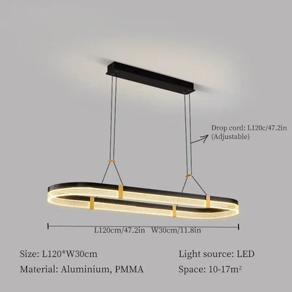 Modern decorbites led ceiling pendant light with oval black aluminum frame and warm pmma diffuser for living room decor