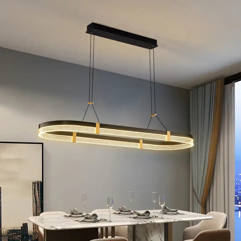 Modern black and gold DecorBites LED ceiling pendant with sleek layered LED strips for living room pendant lights