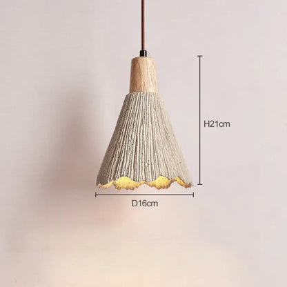 DecorBites led cement pendant lamp creamy style with textured light gray concrete, natural wood top, and golden fringed edge
