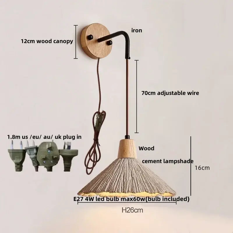 Rustic decorbites led cement wall light with 12cm wooden canopy black iron arm and conical wood cement shade