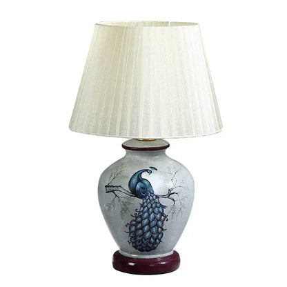 DecorBites led ceramic table lamp with painted peacock design and off-white pleated shade for home decor lighting