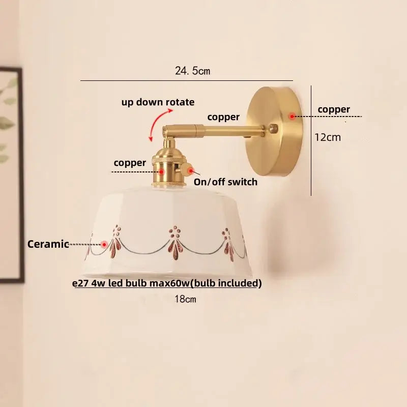 Decorbites led ceramic wall lamp with white ceramic shade, copper arm, and brown floral rim, featuring pull chain switch