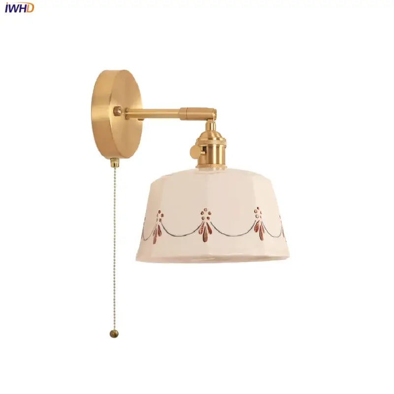 Gold-finished DecorBites LED ceramic wall lamp with white ceramic shade and red floral embroidery, pull chain switch