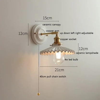 Vintage style decorbites led ceramic wall lamp with white ceramic canopy and adjustable copper arm for bedroom bathroom mirror