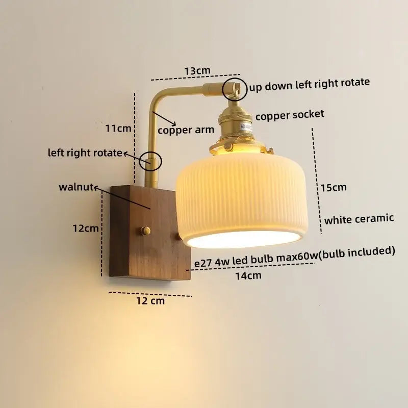 Vintage-style DecorBites™ LED ceramic wall sconce with brass copper arm, walnut wood base, and white ridged shade