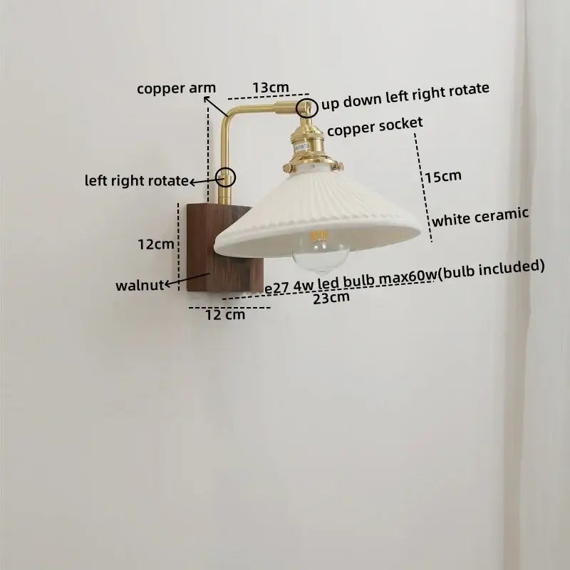 DecorBites™ LED ceramic wall sconce with brass copper arm, walnut wood base, and white ceramic shade light fixture