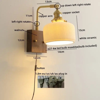 DecorBites led ceramic wall sconce with white ceramic shade brass copper arm and walnut wood base light fixture