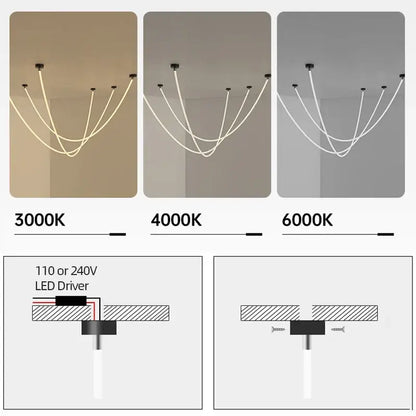 Modern minimalist decorbites led chandelier with curved white cables and adjustable 3000k to 6000k color temperature pendant light