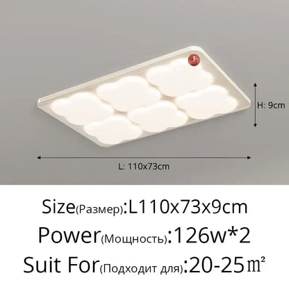White rectangular ceiling light fixture with six cloud-shaped panels in the DecorBites LED chandelier ceiling design