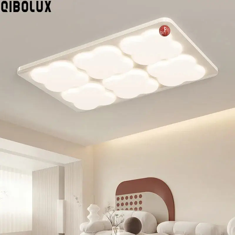 White rectangular ceiling light with cloud-shaped illuminated panels and red indicator by decorbites led chandelier ceiling