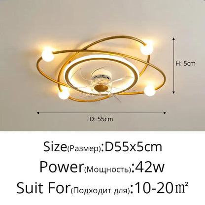 Gold-toned decorbites™ chandelier electric fan with modern orbital design and five spherical led bulbs for home decor