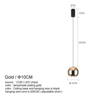 Gold-plated spherical decorbites led chandelier with black ceiling base and wire for bedroom kitchen study lighting