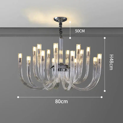 Modern chrome finish decorbites led chandelier with clear curved glass arms lighting fixture for bedroom ceiling