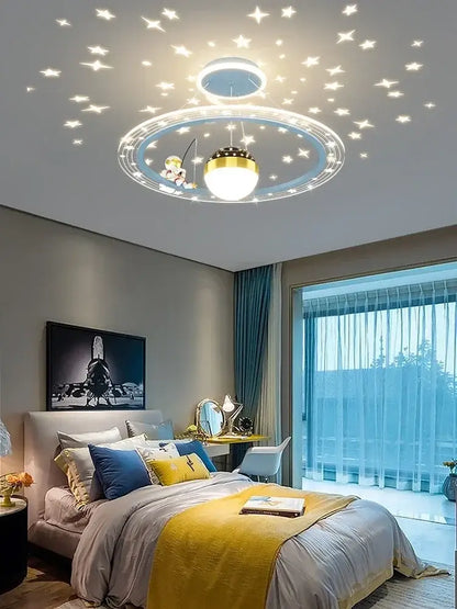 Whimsical decorbites led chandelier with glowing star-shaped leds and cartoon fishing globe lamp for boys room