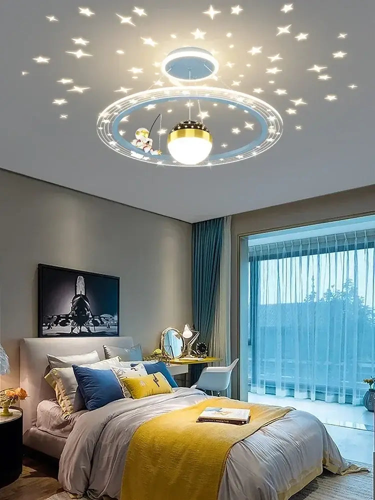 Whimsical decorbites led chandelier with glowing star-shaped leds and cartoon fishing globe lamp for boys room