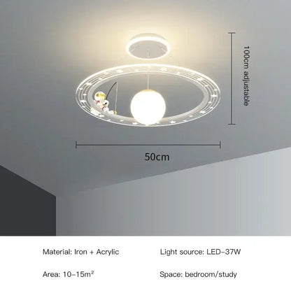 A modern circular white acrylic led chandelier with star and musical note decals by DecorBites for boy’s room