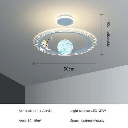 DecorBites led chandelier featuring a whimsical astronaut fishing design with blue planet and star ring for boy’s room
